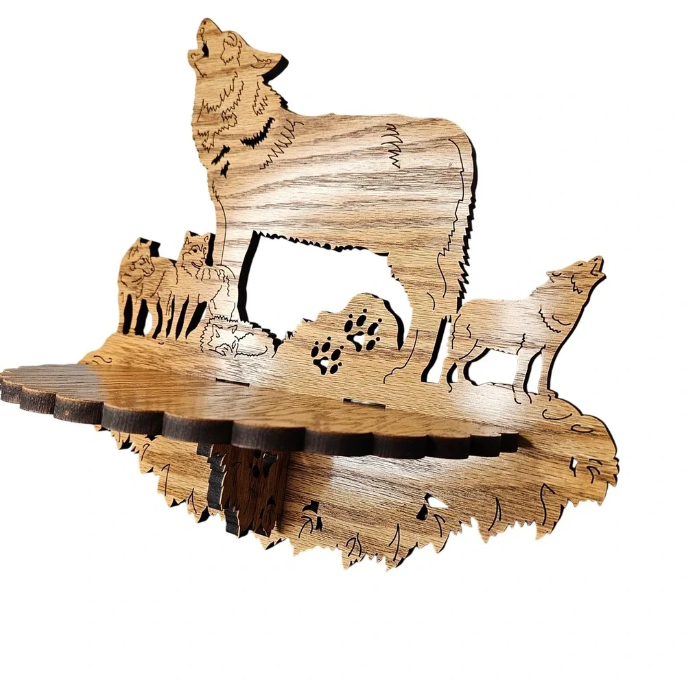 Rustic Scroll‎ Cut Wood Wolf Pack Floating Wall Shelf Howling Wolves Cabin Decor